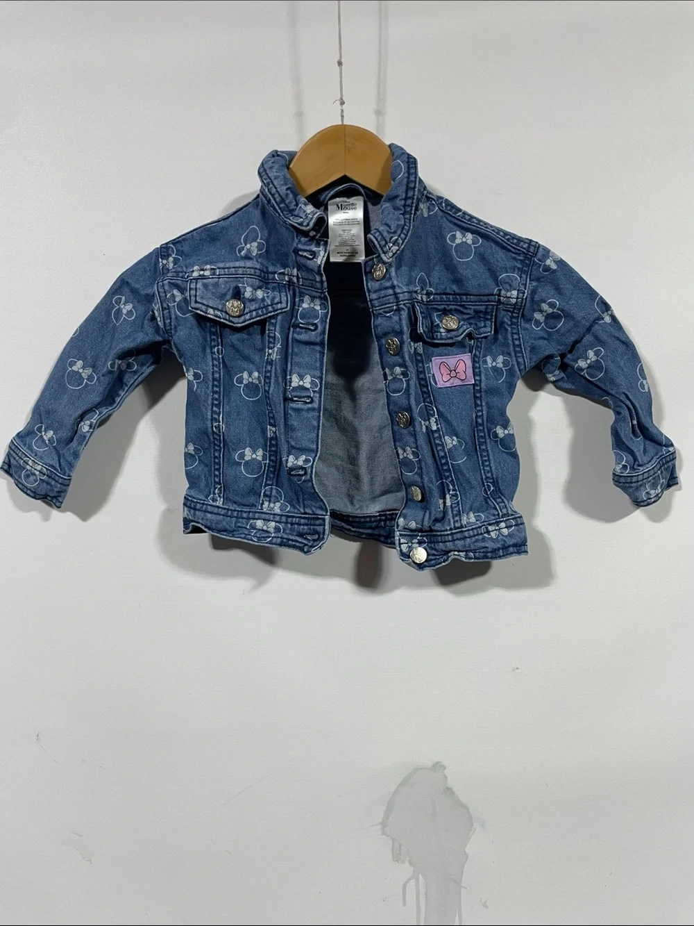 Disney Blue Denim Jacket with Minnie Print and Pink Bow Patch